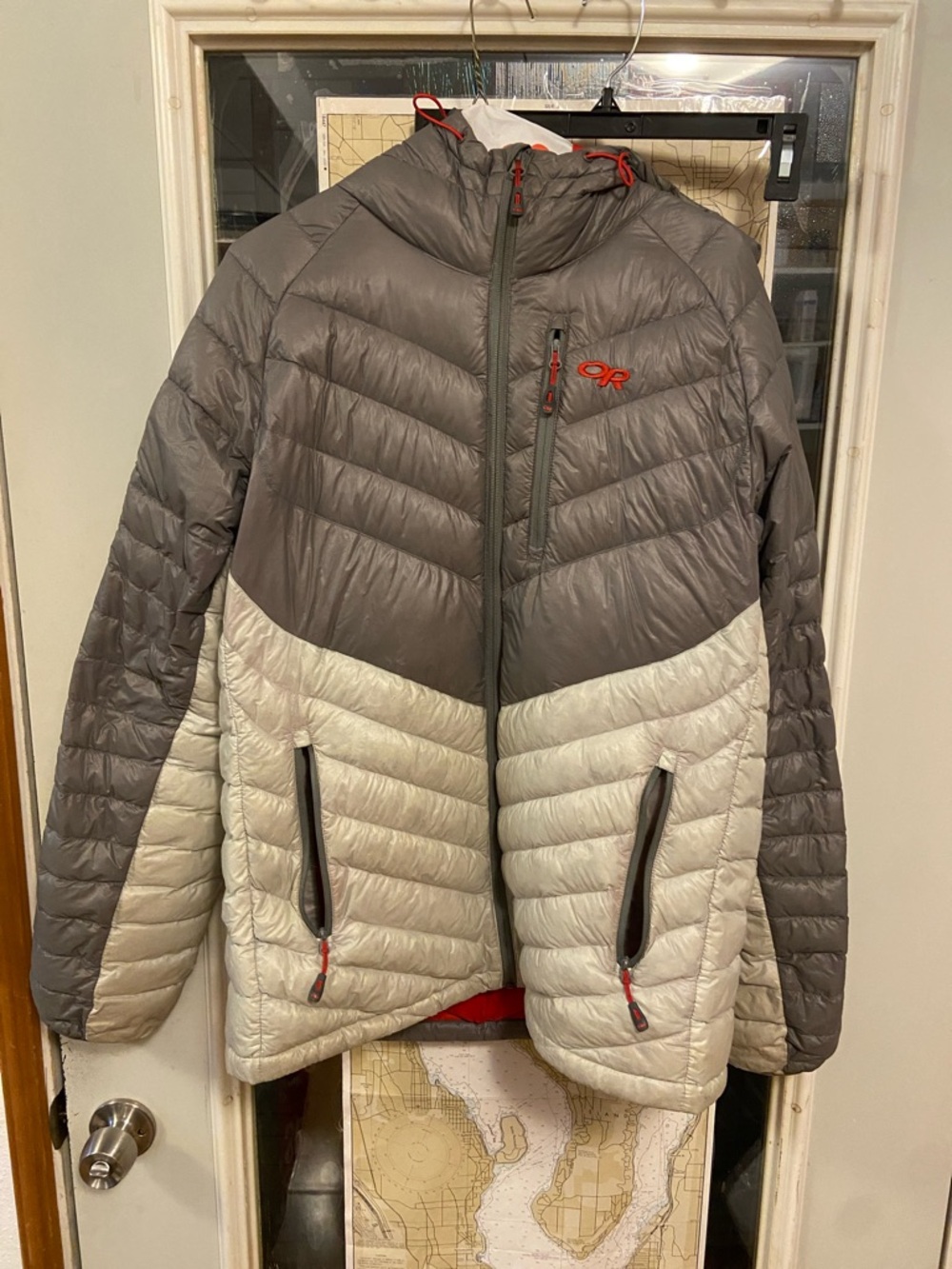 Outdoor Research Gray & Light Gray Hooded Puffer Jacket with Red Accents
